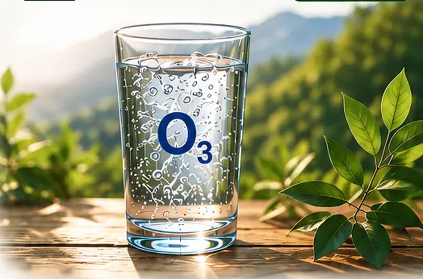 Pohár čerstvo pripravenej ozónovej vody s označením O₃